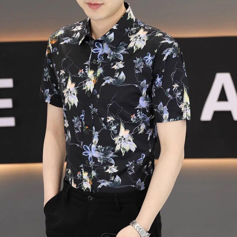 

Men s Black Floral Print Short Sleeve Button Down Shirt M чорний