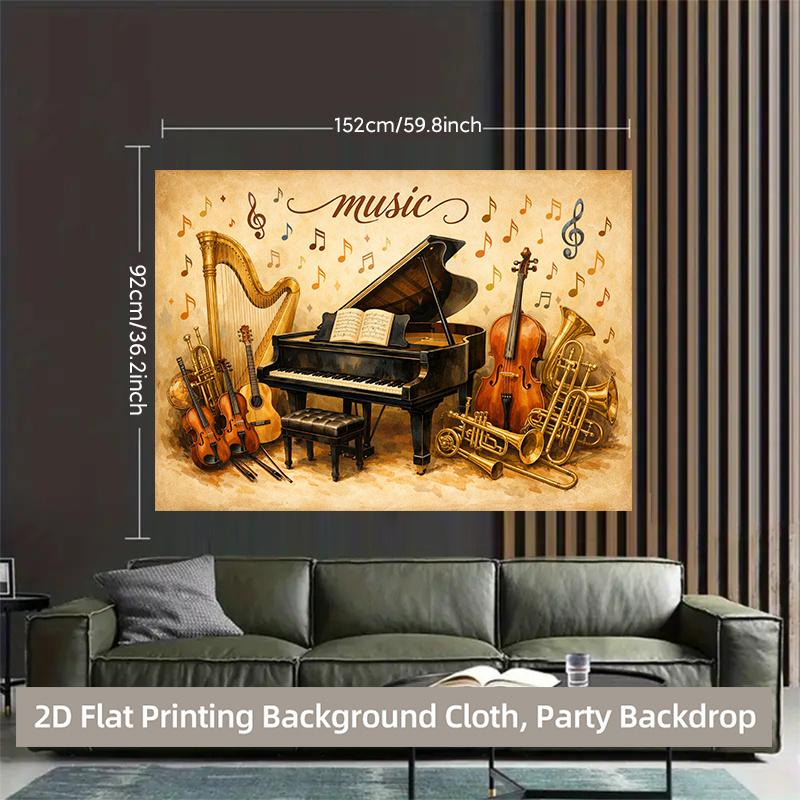 2D, 1 Piece. Collection of Musical Instruments Showcases the Beauty of Music. Polyester Fabric Background Cloth, Party Banner.