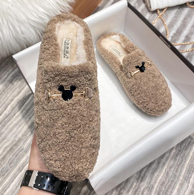 Fashion Winter Warm Plush Mules Women One Band Fur Slippers Cozy Cotton Shoes Woman Flats Cover Toe Fleeces Slides Femme Wool Pantuflas