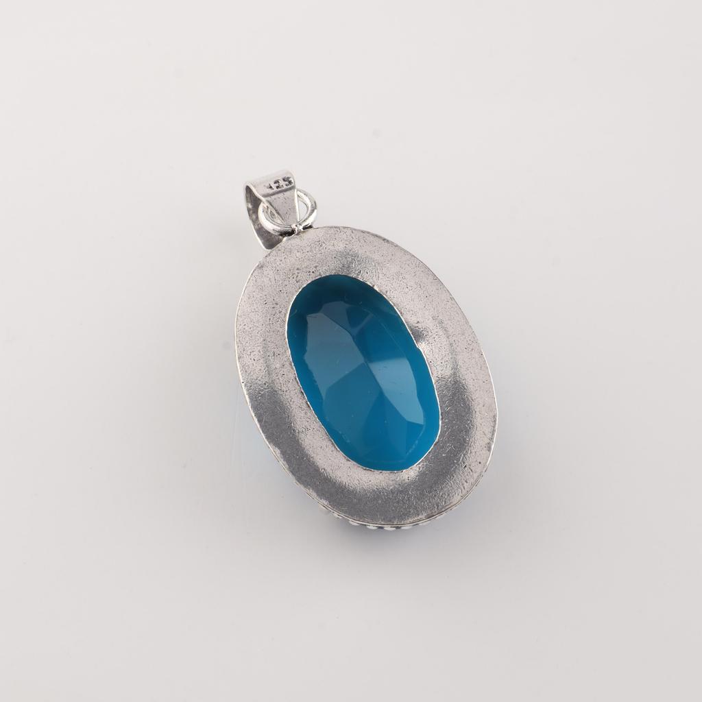 Blue Apatite Gemstone Silver Pendant 1.75" , 925 Sterling Silver Handcrafted Jewelry, Designer Pendant For Wedding Gift PP-63-14
