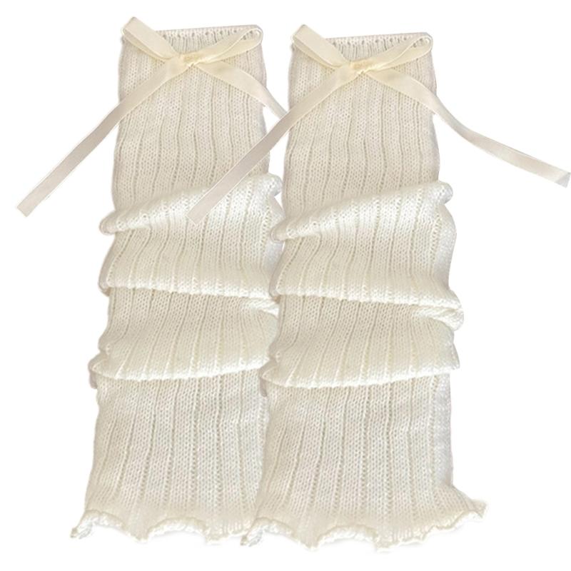 Women Sweet Bowknot Arm Leg Sleeves Ruffled Trim Sun Protective Ribbed Knit Arm Leg Covers Fingerless Gloves Accessories