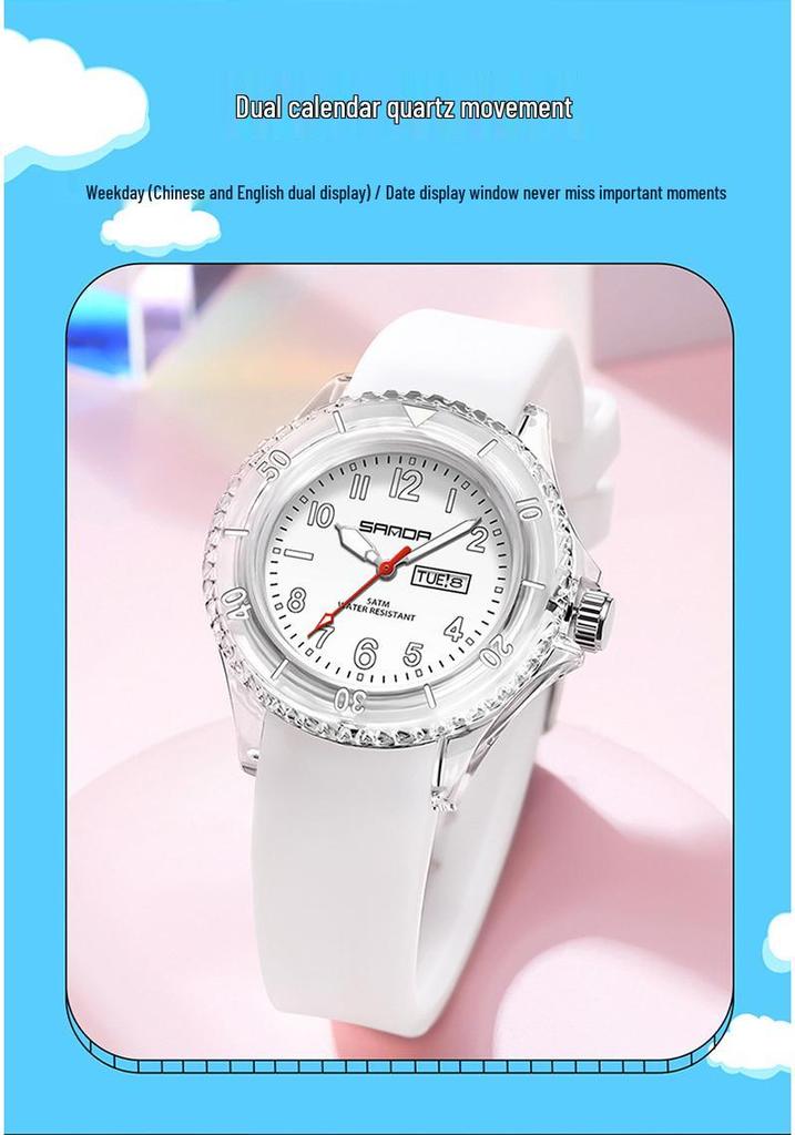 Sanda Student Sports Watch: Waterproof Quartz with Double Calendar, Transparent Case - Fashionable and Personalized for Kids.