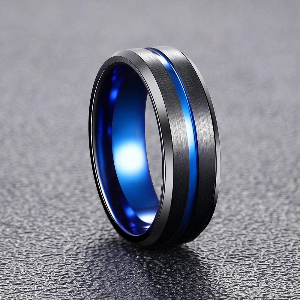 Buy Men Tungsten Carbide Ring Black Groove Rings Thin Blue Line For ...