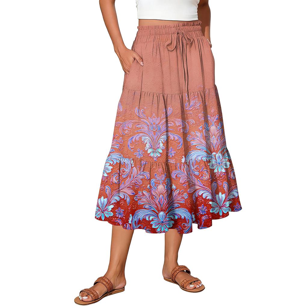 Womens Maxi Skirt Drawstring High Waisted Summer Long Skirts Lightweight Tiered Flowy Floral Pleated Skirts