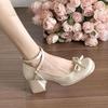 French versatile satin bow Mary Jane shoes girl 2025 new fairy style small man height increase light mouth single shoes