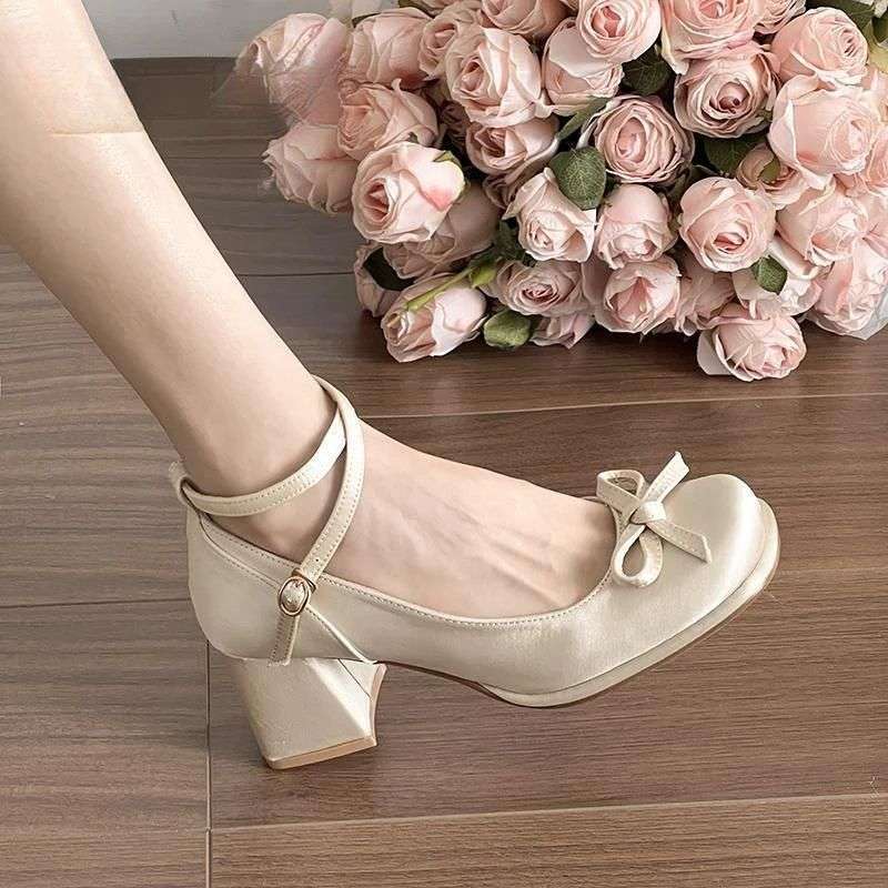 French versatile satin bow Mary Jane shoes girl 2025 new fairy style small man height increase light mouth single shoes
