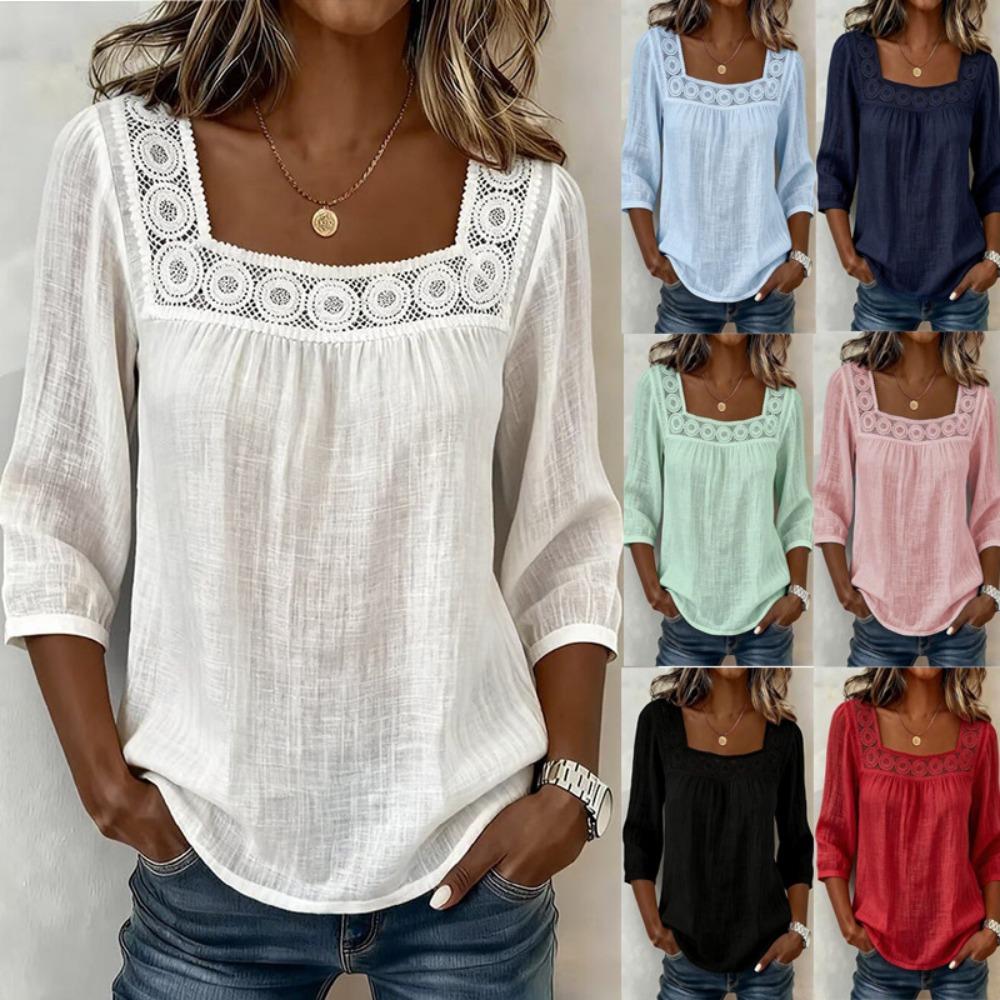 Dames Zomer Effen Kleur Casual Vierkante Hals Kant Ingezet 3/4 Mouw Top