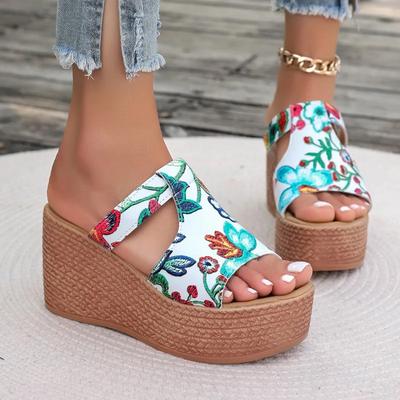 2024 Damenschuhe Moderne Damen-Slipper Outdoor Kleider-Slipper Damen Druck Rund Zehenbereich Plateau Keilabsätze Superhohe Schuhe Damen
