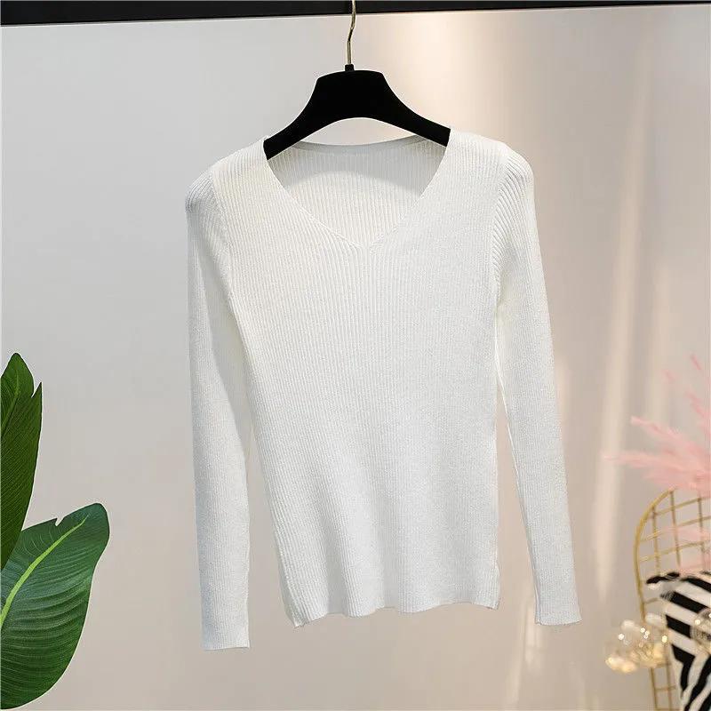 Women Sweater Autumn Long Sleeve Pullover Basic Top Fashion V-neck Elastic Female Winter Solid Knitted Jumper Sweater