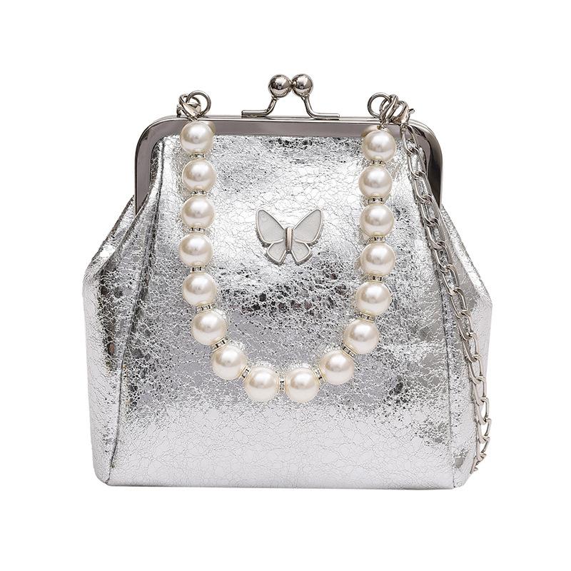 

Bag new 2025 Korean version fashionable retro shoulder bag ins small fragrant wind pearl portable messenger tote bag women срібний