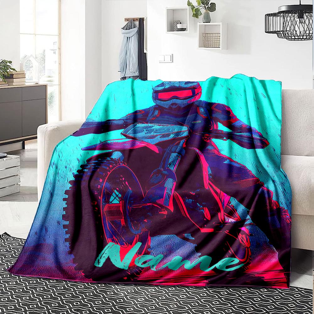 Coperta stampata a tema moto da fuoristrada con nome personalizzato - Perfetta per divano, letto, viaggi e uso all'aperto | Lavabile in lavatrice, accogliente e resistente.