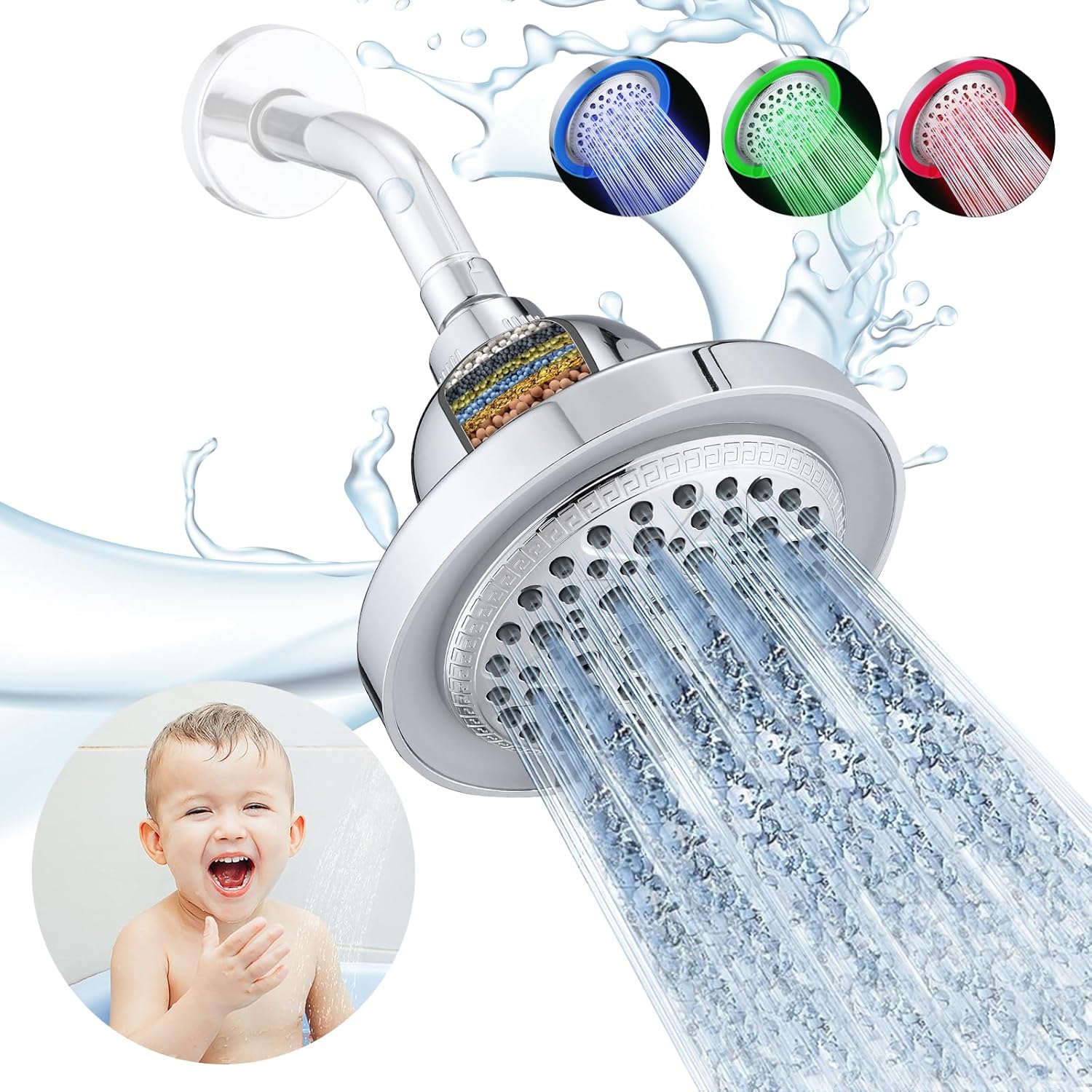 PDPBath LED Shower Head Color Changing, High Pressure Light Up Shower Head, Color Shower Head with Filters, LED Filtered Shower Head, 7-Settings Rain