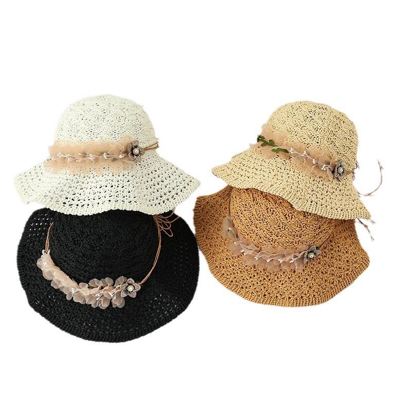 Hat female hand-woven flower straw hat small fresh face small bucket hat summer outdoor sun hat new