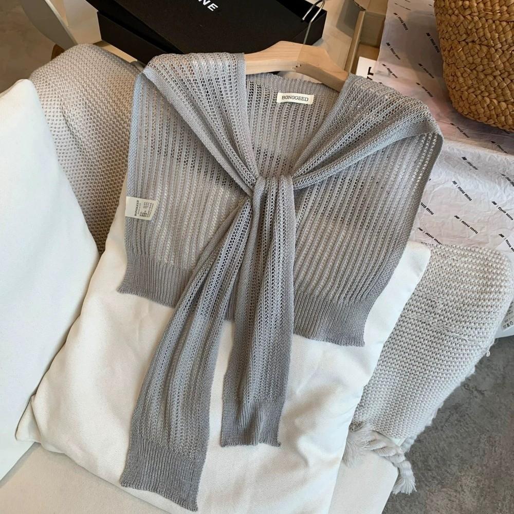Summer Knitted Shawl Solid Color Neck Guard Scarf Fashion Thin Knotted Cape  for Women