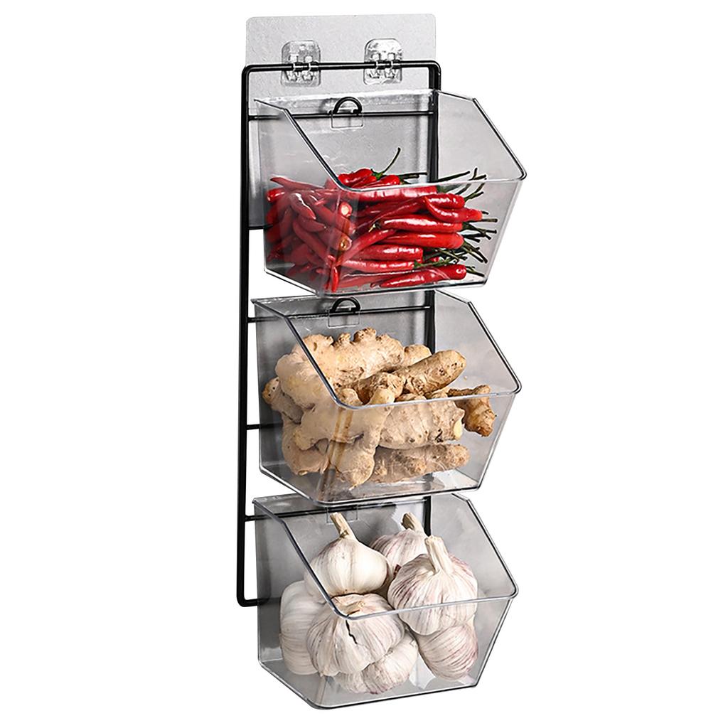 An der Wand montierter Vorratsbehälter, 3-lagige, wandbehangene Aufbewahrungsbox für die Küche für Knoblauch, Ingwer, Zwiebeln