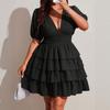 Vestido de tarta corto de color liso, manga corta, cuello en V sexy para mujer de talla grande