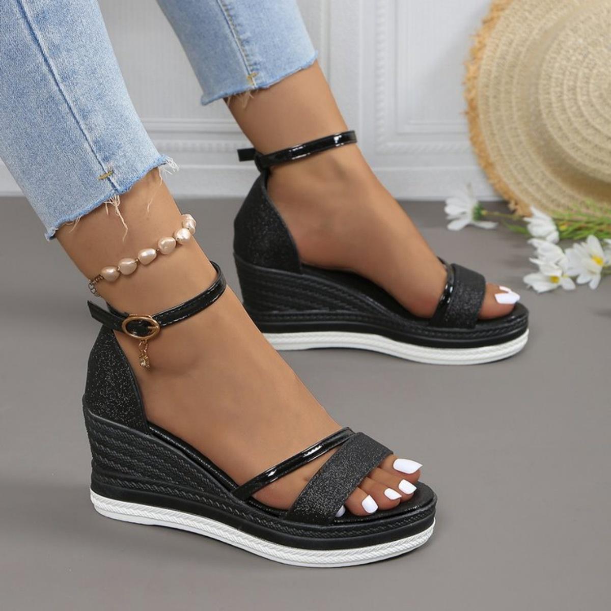 

Fashion The 2025 summer new fashion internet-famous fairy high heel thick-soled one-line Roman with rhinestones 43 чёрный