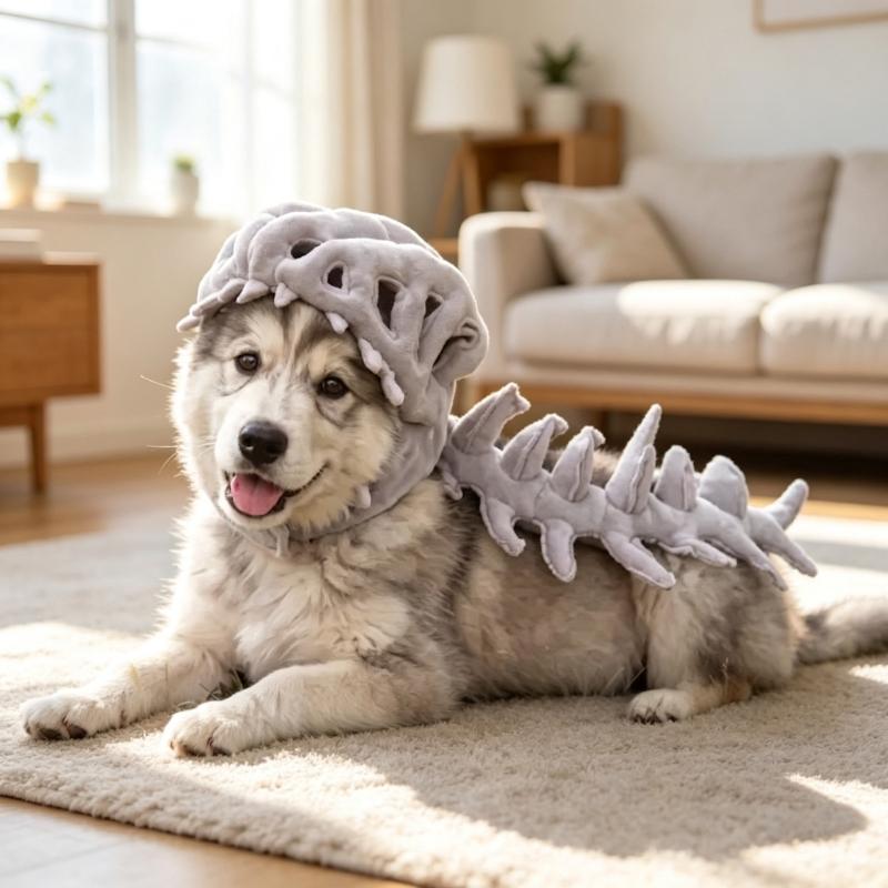 Wearable Pet Costume Headpiece with a 3D Prehistoric Skull-and-Spine Look for Seasonal and Themed Costuming