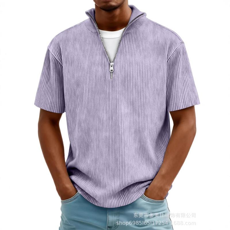 Summer New Men's Solid Color Zipper Striped Casual Short Sleeve T-Shirt