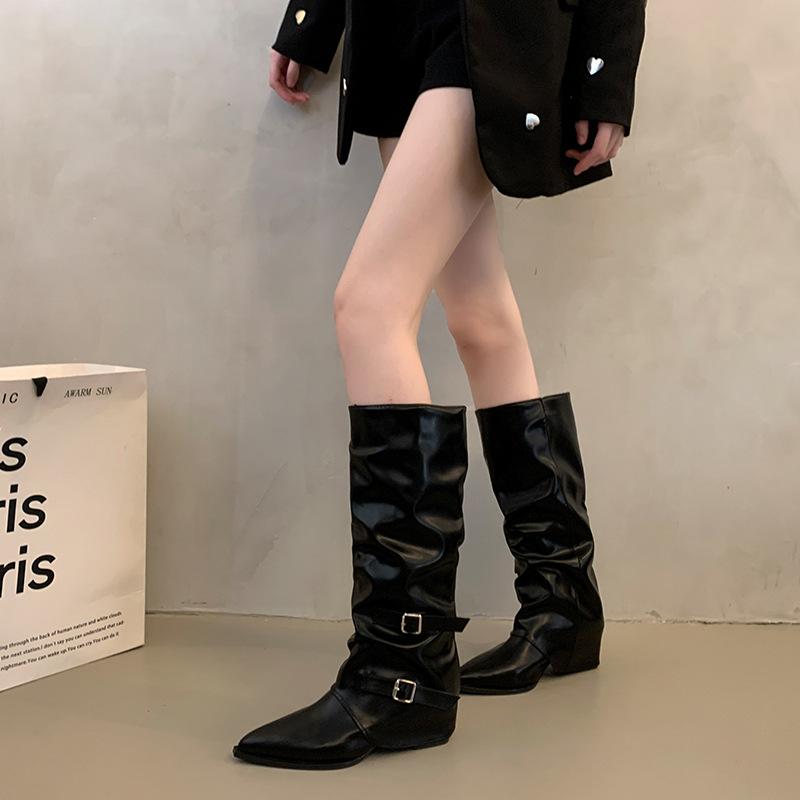Belt Buckle~ Pants Boots Thick Heel Boots Long Boots Female Spice Girl High Boots Pointed Black Pants Boots Fried Street