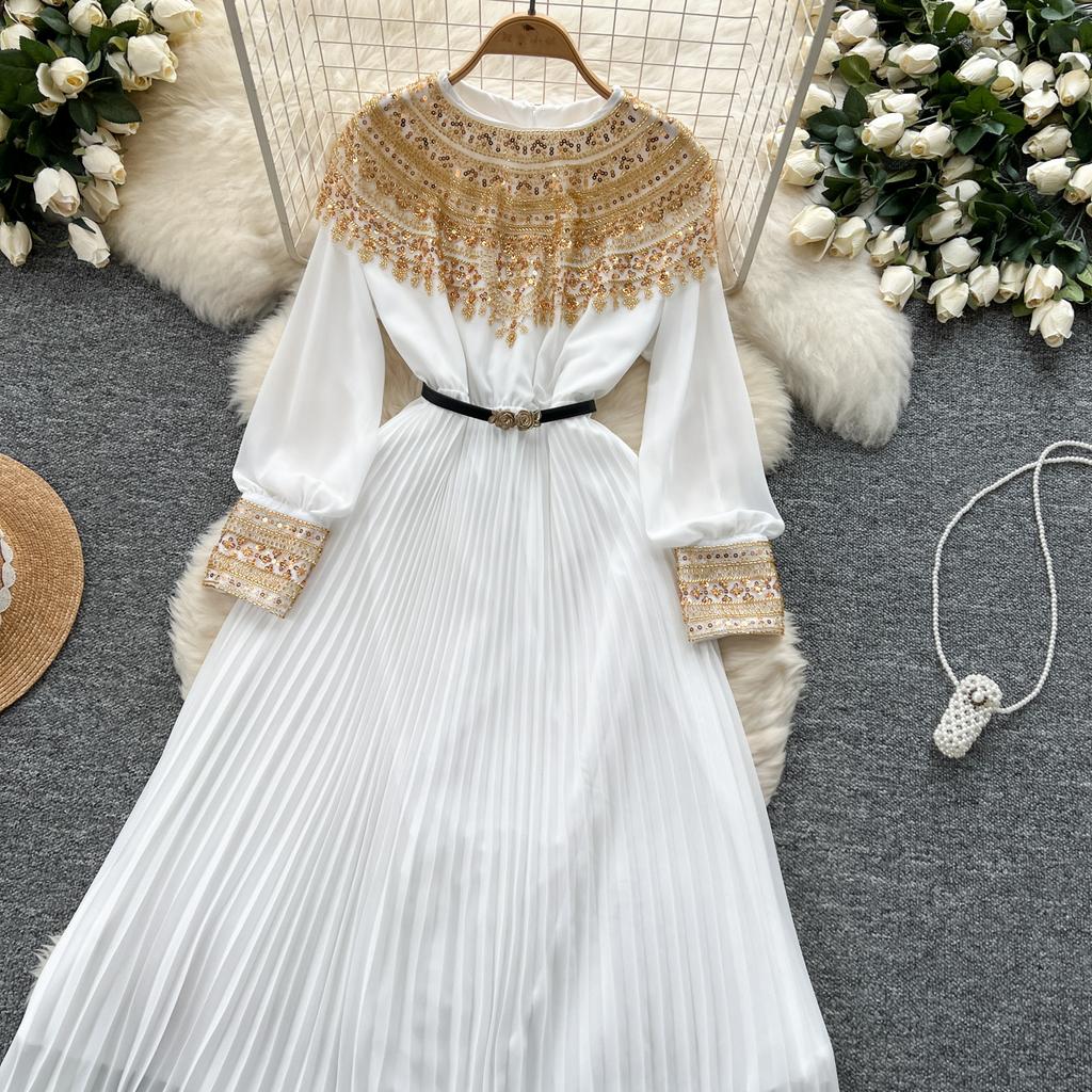 Temperament Robe Femme Maxi Dresses for Women Long Sleeve O-neck Sequin Slim Waist Vintage Pleated Dress 2025 Vestidos De Mujer