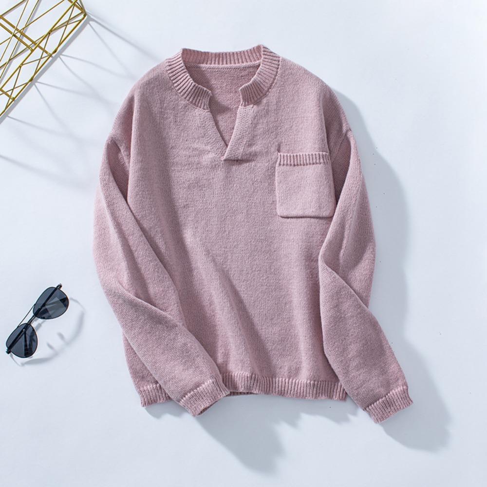 Autumn and Winter Sweater V-neck Pullover Pocket Solid Color Sweater for Women