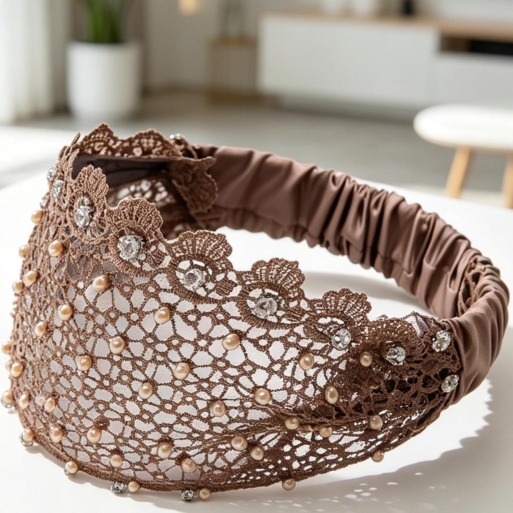 Elastic Vintage Lace Headband Eyelet Rhinestone Wide Floral Lace Pearl Head Wrap for Daily Outing Party Dating Holiday Use
