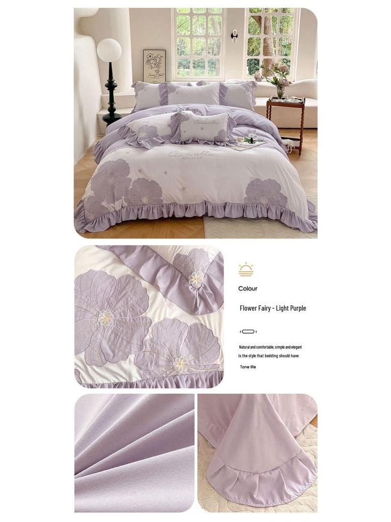 G5Z Koreanisches Prinzessinnen-Sonnenblumen-Stickbettwäsche-Set - Große Bettbezug & Spannbettlaken, Mädchenhaftes Vierteiliges Set