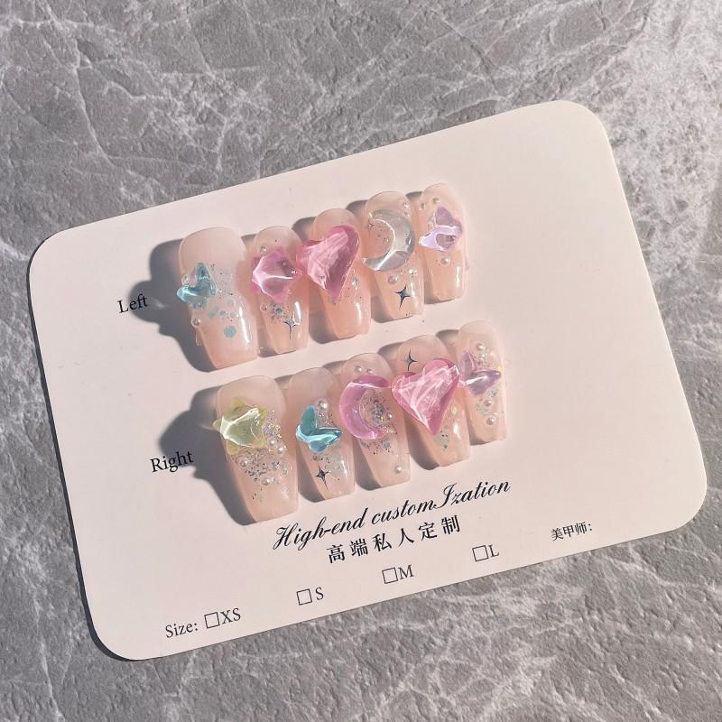 Handmade Press-On Nails Sweet Candy Color Ice-Transparent Mocha Rhinestone Nail Tips Women