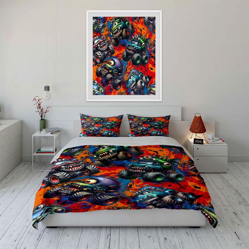 Monster Truck Themed Bedding Set Perfect For Bedrooms Decor. Exquisite Three-Piece Bedding Set Gift For Kids And Adults