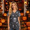 Women's V-Neck Short Sleeve Scrub Top with Pockets Halloween Print Caregiver Uniform