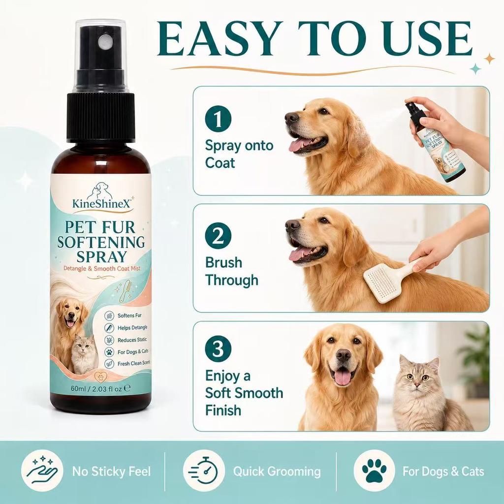 BUY 1 GET 2 FREEKineShineX Pet Detangling & Anti-Static Coat Spray 60ml - Leave-In Softening & Smooth Fur Care for Dogs & Cats