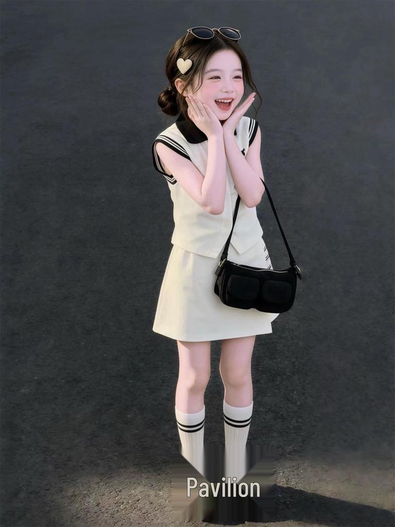 Girls' Summer Style Polo Collar Vest & Skirt Two-Piece Set - Trendy Korean-Inspired Outfit