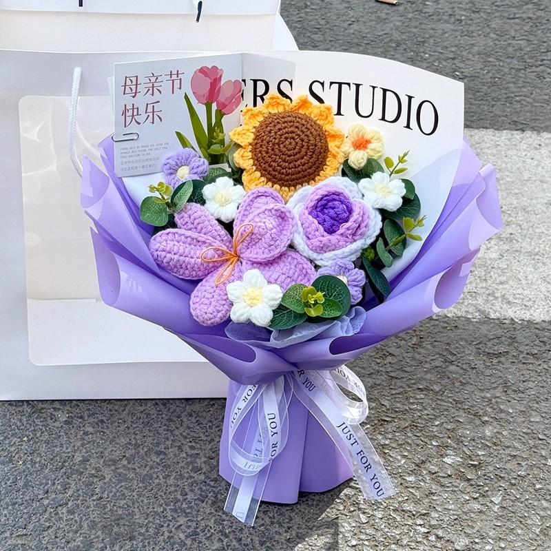 Finished Crocheted Flower Bouquet with Puppy Dog Doll Artifiacal Rose Flower  Knitting Sunflowers Valentine's Day New Year Gifts