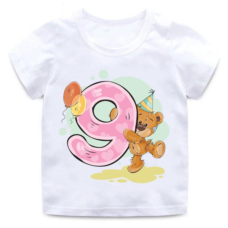 Children's T-shirt with Bear Birthday Number Print, Crew Neck, Short Sleeve, White