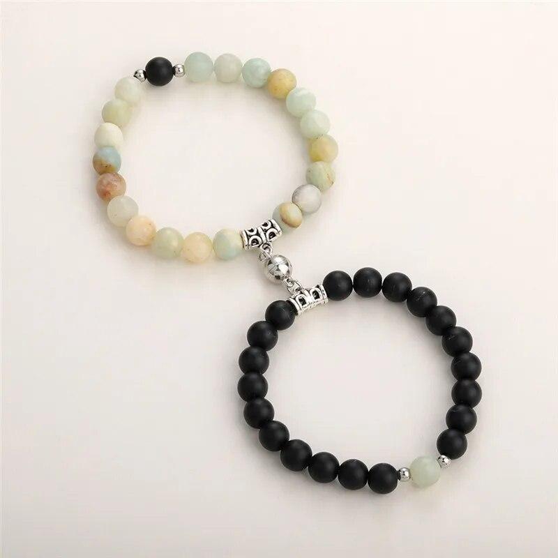 Trendy Couple 2Pcs/Set Natural Stone Beads Love Heart Magnetic Bracelet For Women Men Charm Peach Beaded Bracelets Jewelry Gifts