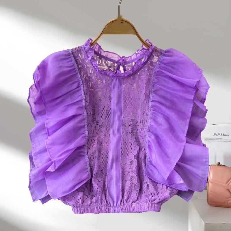 Mote Sommer Blonder Patchwork Skjorte Dame Heklet Hul Ståkrage Plissert Kortermet Bluse Elegant Casual Ensfarget Topper 3507
