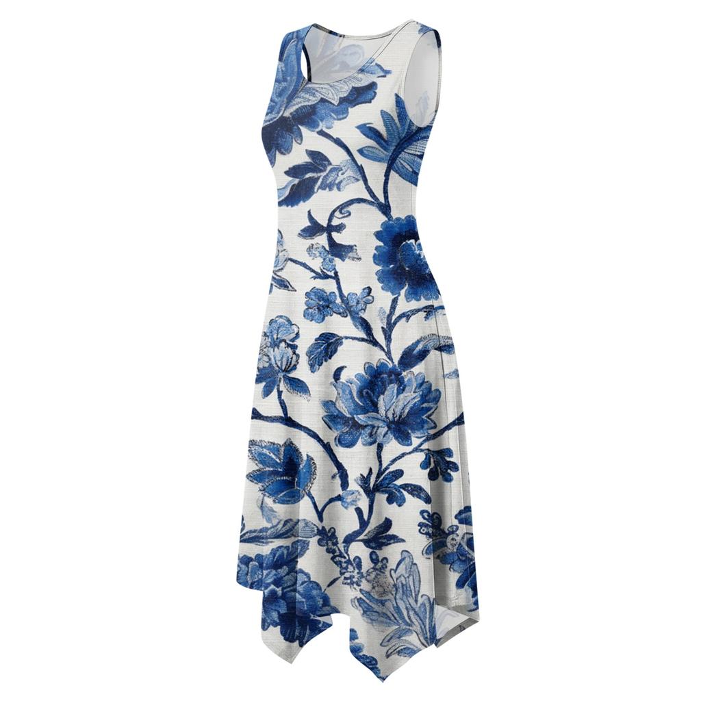 Women Sleeveless Floral Print Dress Casual Round Neck Irregular Hem Mid Length Summer Dress