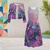 Set Due Pezzi Abito Midi Nero da Donna Taglie Forti Scollo Rotondo Manica Lunga Stampa Farfalle