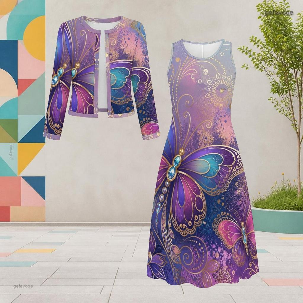 Set Due Pezzi Abito Midi Nero da Donna Taglie Forti Scollo Rotondo Manica Lunga Stampa Farfalle