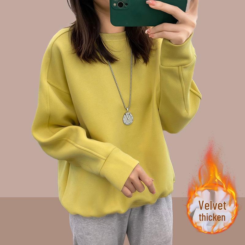 Women's Fleece-Lined Thickened Hoodie Pullover - Autumn/Winter 2025, Loose Fit, Age-Reducing, Plus Size, Round Neck Sweater