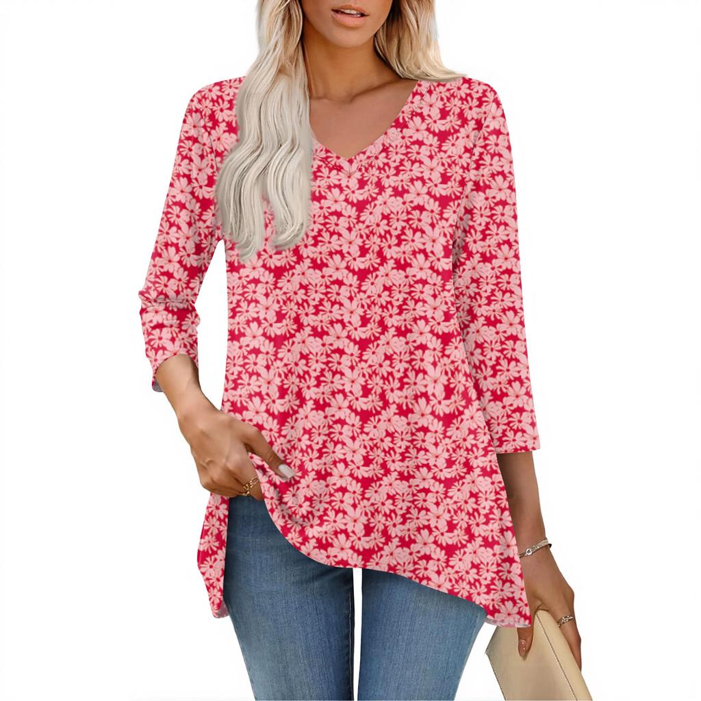 Womens Tops V-neck 3/4 Sleeve Blouses Casual Mid-length Shirts Fashion Print Tunic Tops
