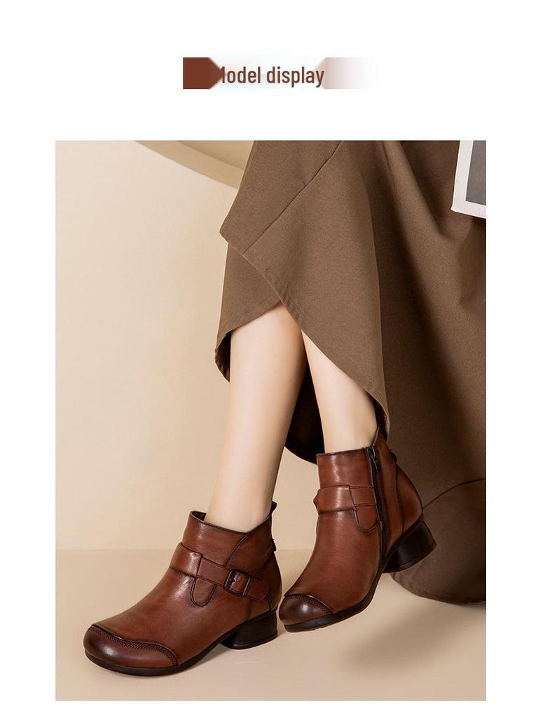 2025 Women's Vintage British High-Top Leather Boots - Autumn/Winter Slip-On, Versatile, Comfortable