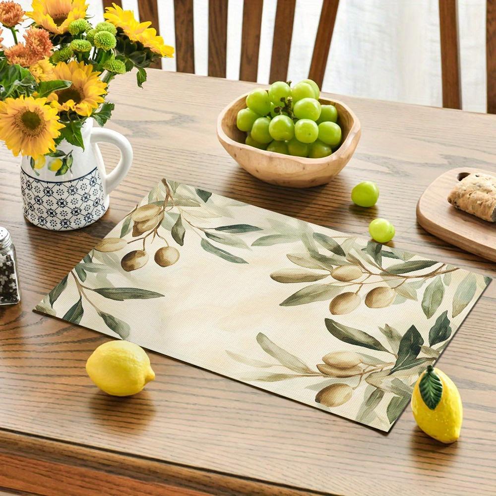4pcs Watercolor Olive Leaf Placemats – Washable, Rectangular Design, Ideal for Dining, Kitchen & Holiday Decor