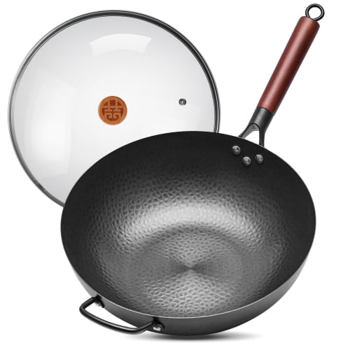 

WANGYUANJI 34cm Iron Nitride Wok, Deep Stir-Frying Pan, Induction and Gas Compatible, Glass Lid, Textured Surface, Rust-Resistant, Non-Stick, Wooden H
