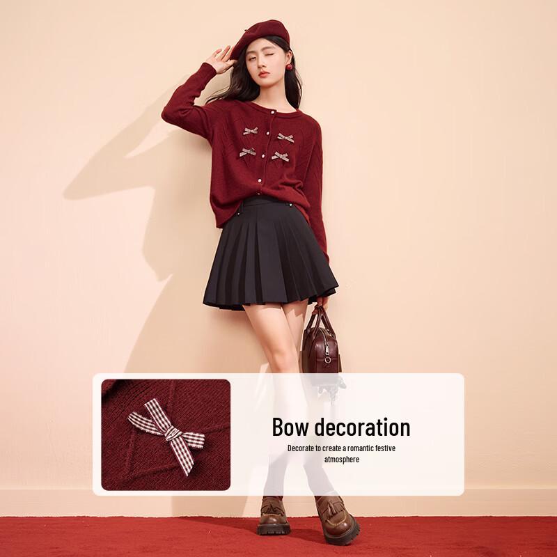 Xiangying Women's Christmas Red Bowknot Knitted Cardigan