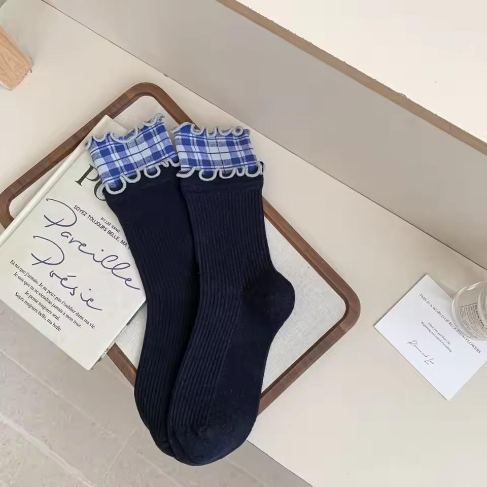 1 Pair Women's Socks Korean Plaid Retro Simple Versatile Curled Edge Mid Tube Socks Comfortable Breathable Socks