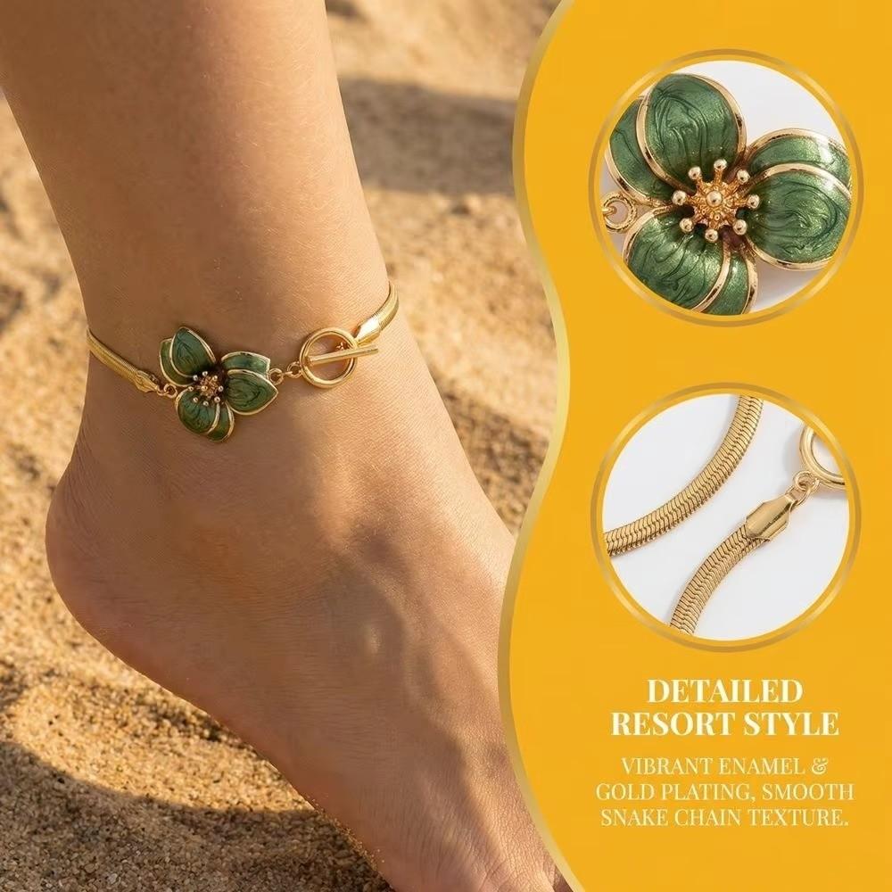 Gold Oil-Dripped Flower Pendant Anklet 3D Charm Beach Anklet Foot Chain Jewelry for Foot Jewelry