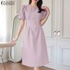 ZANZEA Women Casual Round Neck Solid Color Summer Short Sleeve Dress