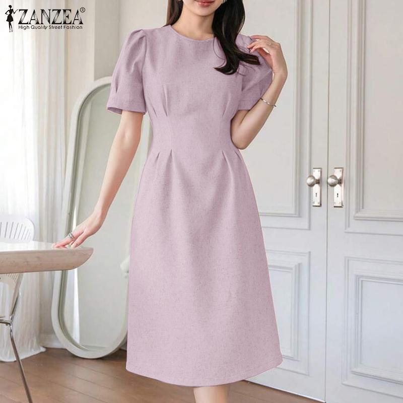 ZANZEA Women Casual Round Neck Solid Color Summer Short Sleeve Dress